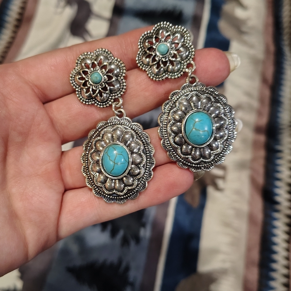 Silver and Turquoise Floral Drop Earrings